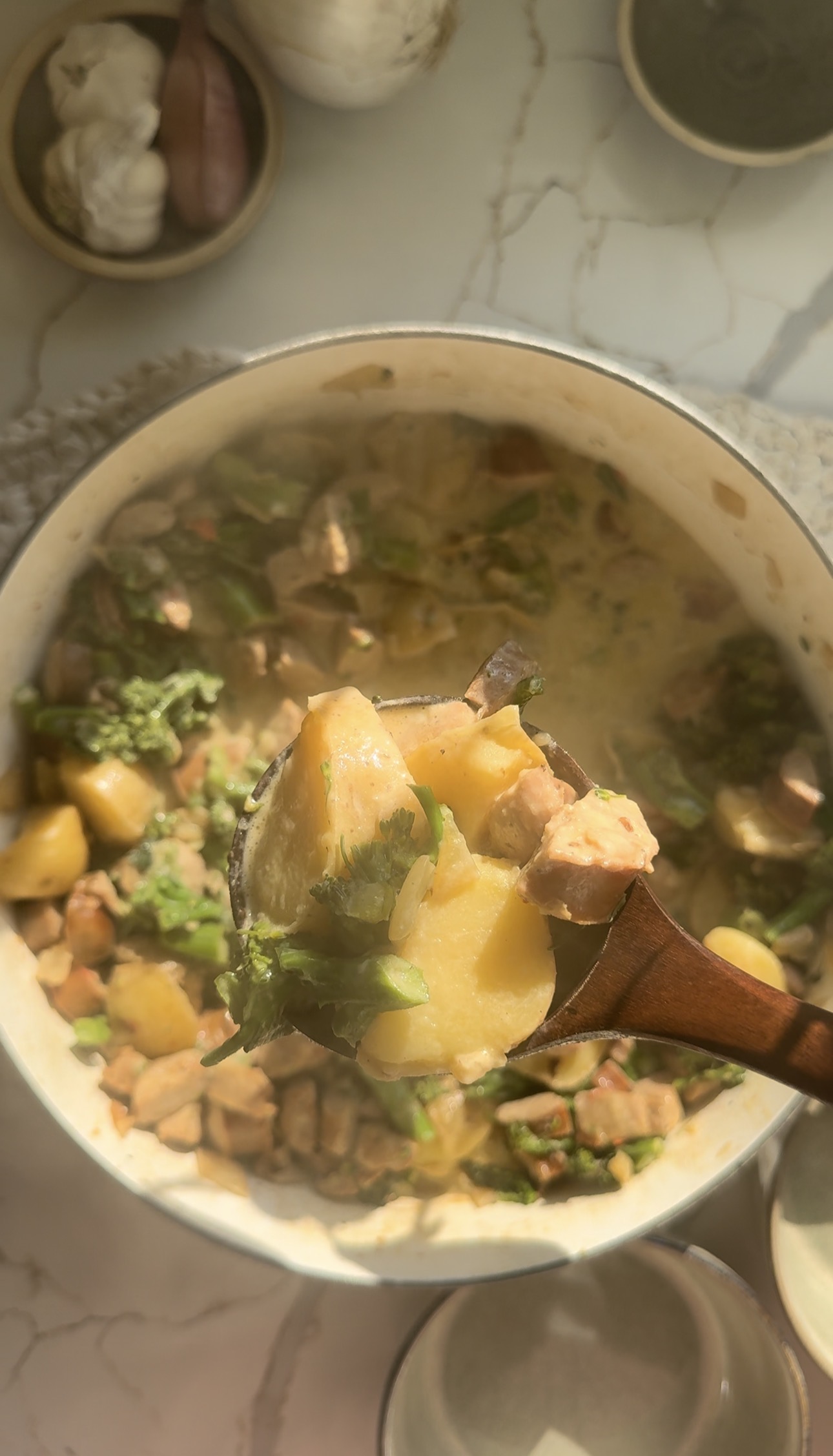 One Pot Cheddar Chicken Sausage Stew