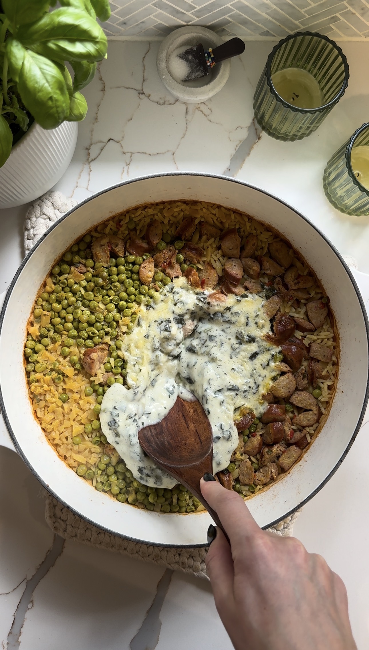 Baked Cheesy Chicken Sausage Rice & Orzo