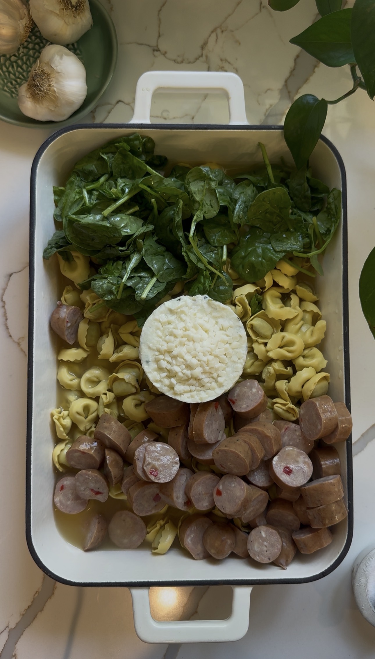 Creamy Tortellini Spinach and Artichoke bake 