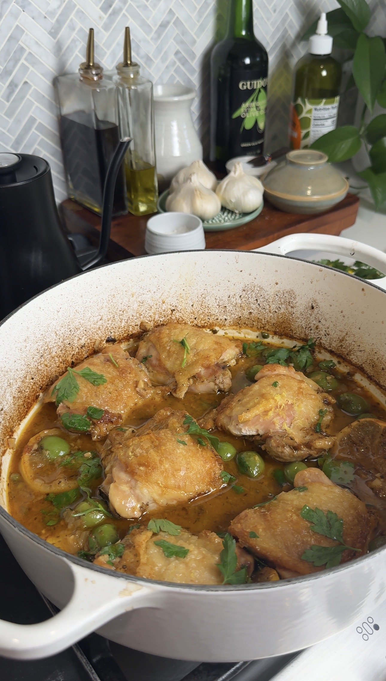 Wine braised chicken thighs