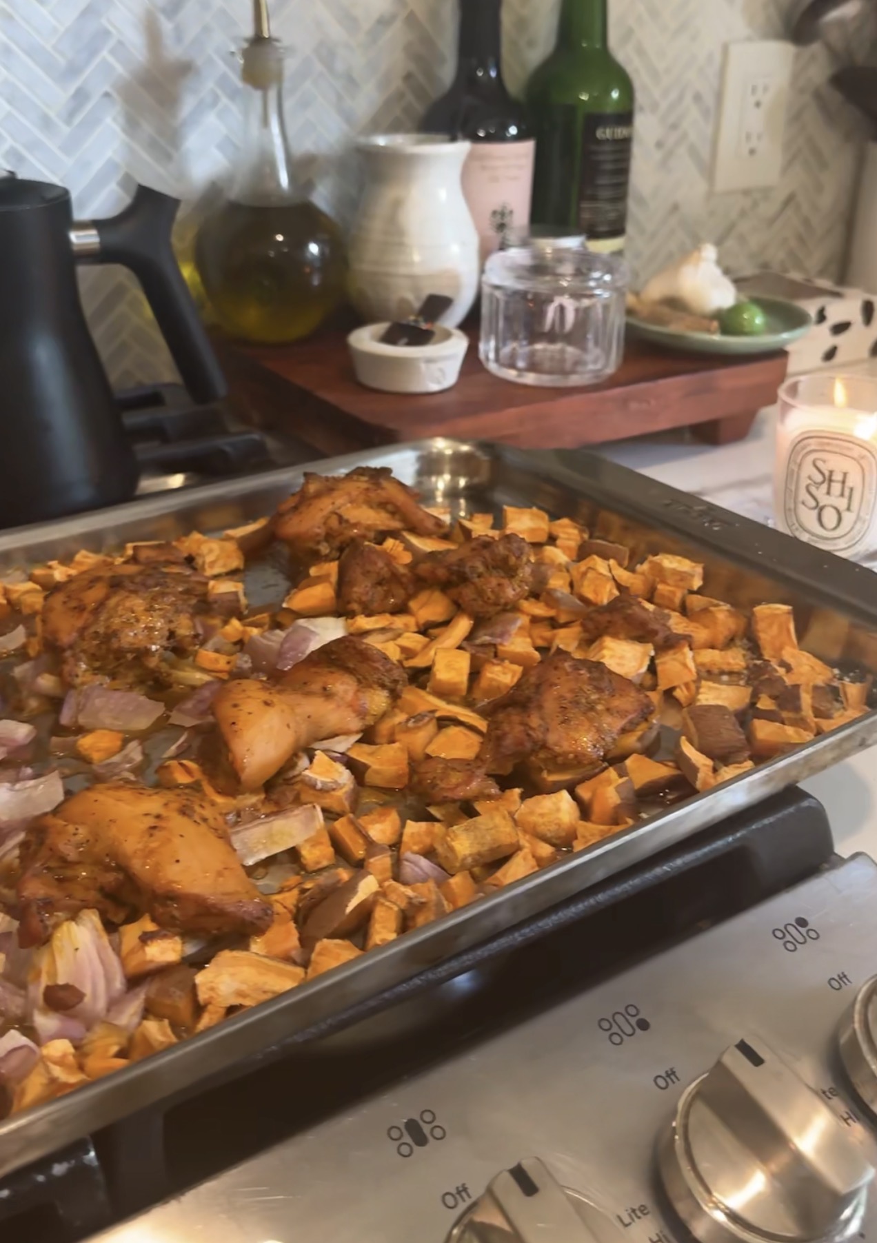 Sheet Pan Shawarma Chicken with Sweet Potatoes and Maple Tahini
